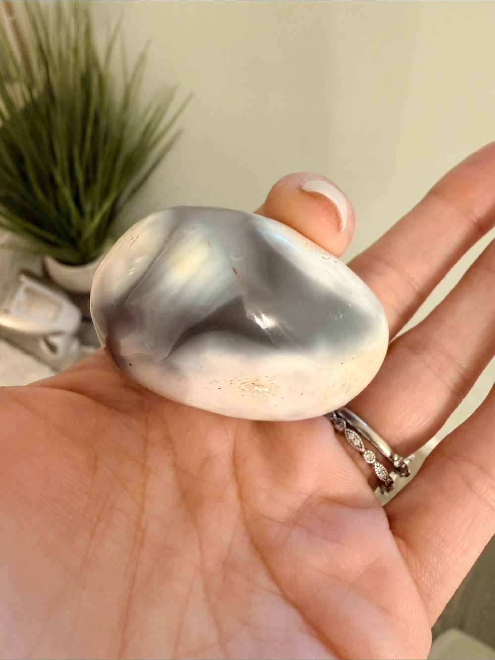 Polished Gray and White Orca Agate Palm Stone